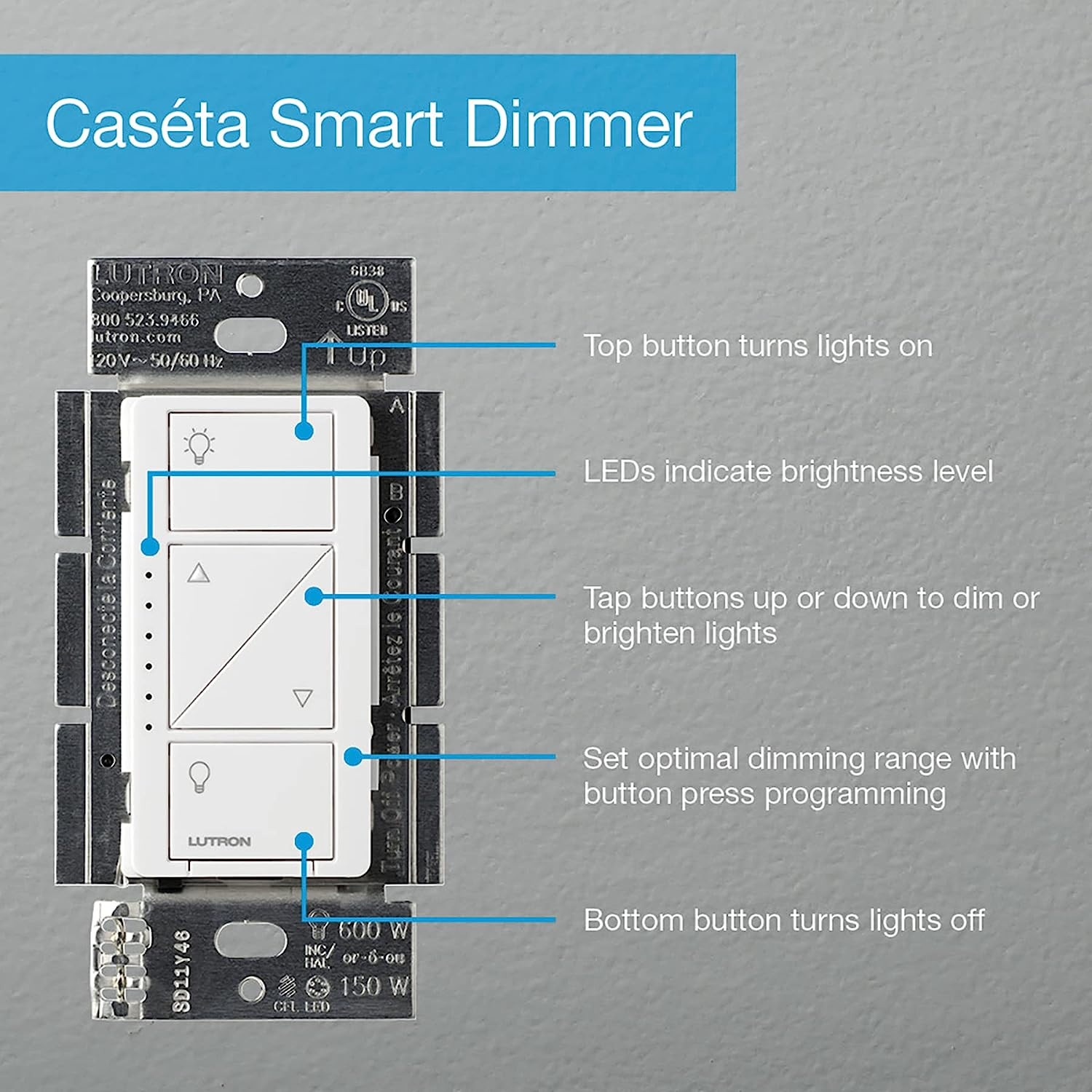 Caseta Original Smart Dimmer Switch ( Smart Hub Required), for LED Lights, 150 W