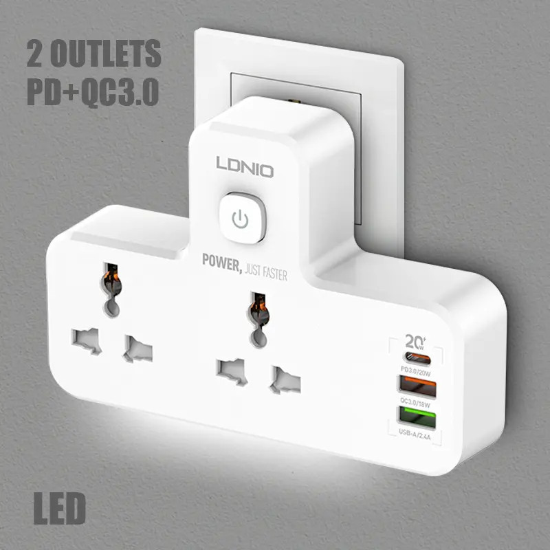 2500W 100-250V Power Extension Strip with 3 USB Ports LED Light 2 Power Outlets