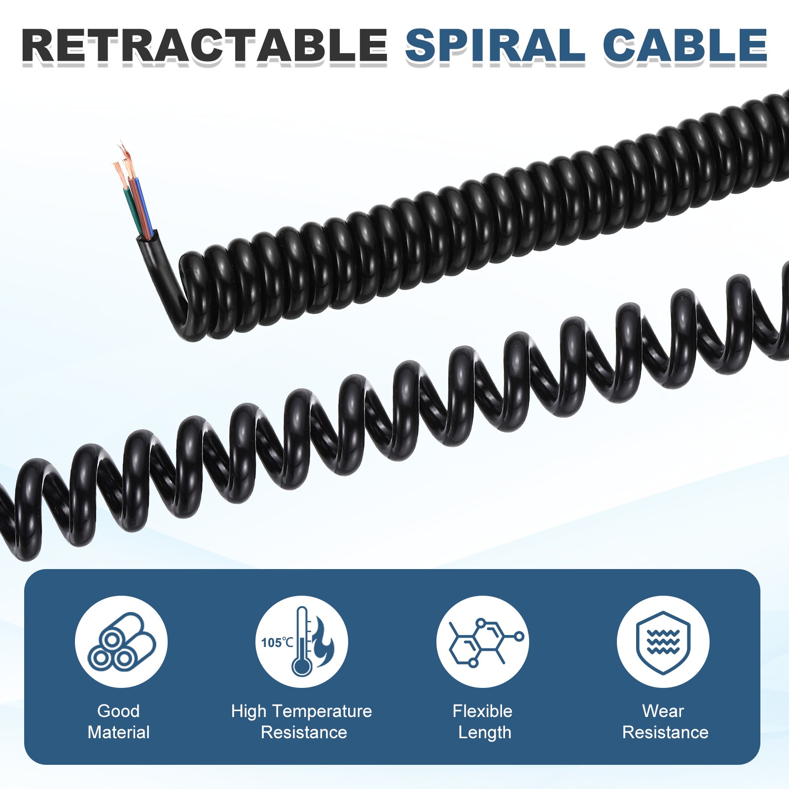 5ft Retractable Coiled Coil Cord, 3 Conductor 24AWG Spiral Power Cord Cable