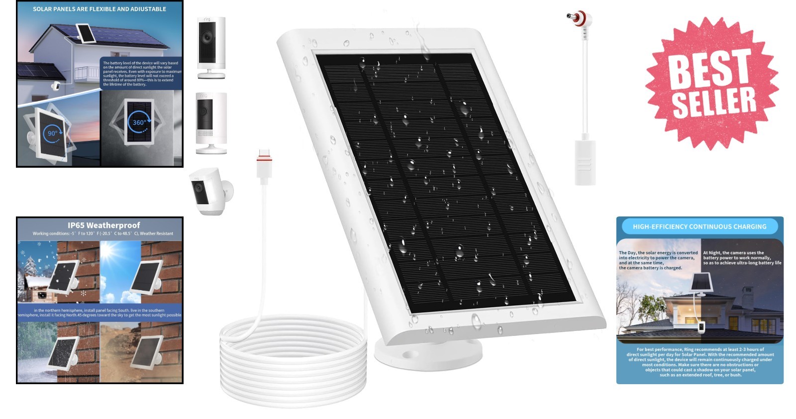 Solar Panel for Ring Camera(2nd Generation) Dustproof Waterproof 5W Solar Panel