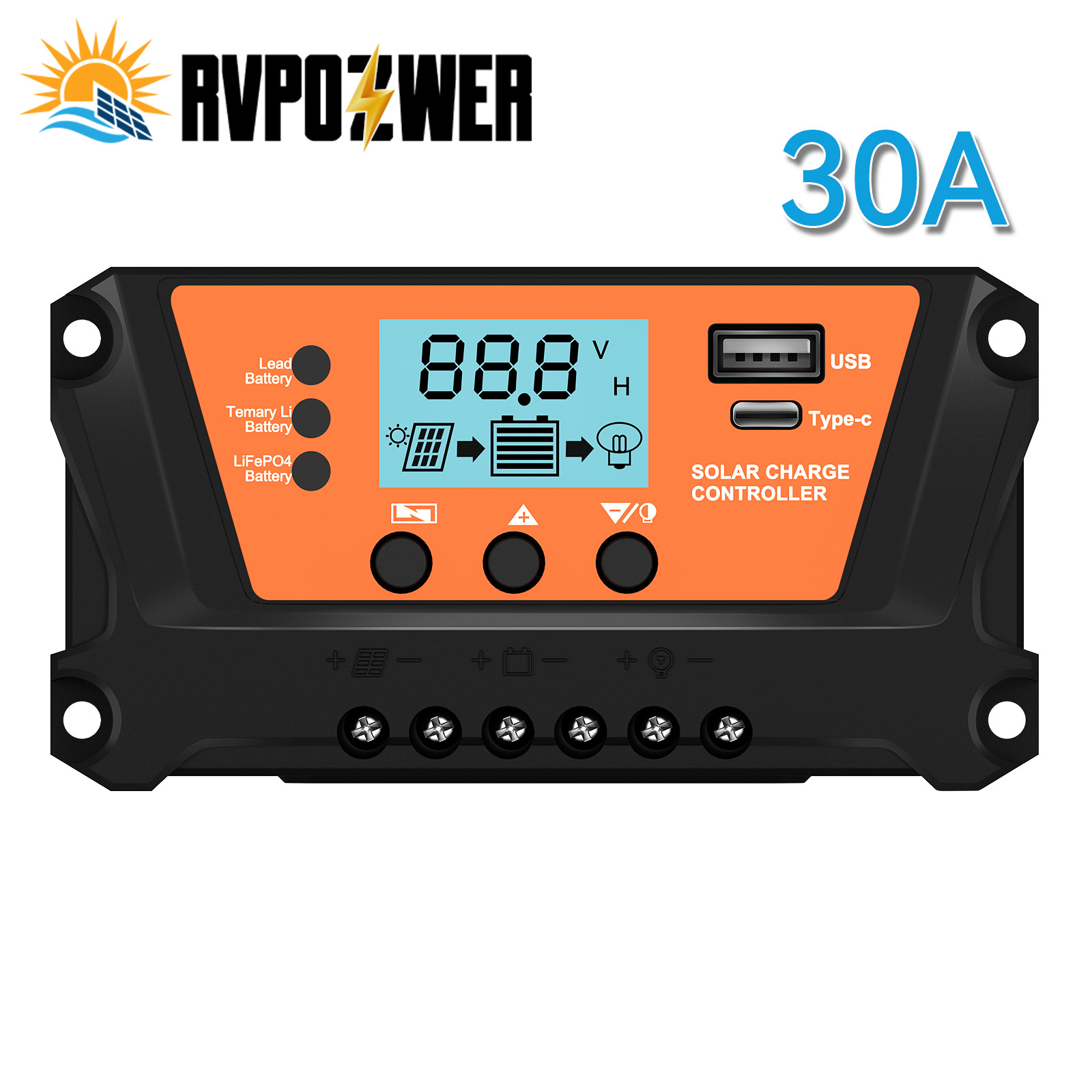 30 Solar Panel Battery Charge Controller 12V/24V USB Type-C Auto Regulator LCD