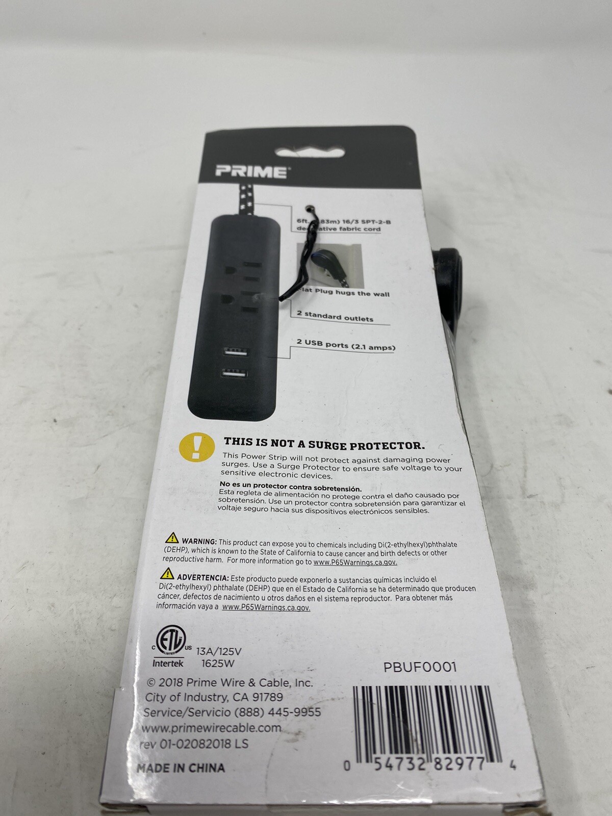 Prime #PBUF0001 6′ Black 2-Outlet & 2-Usb Fabric Accent Power Strip Cord #9774