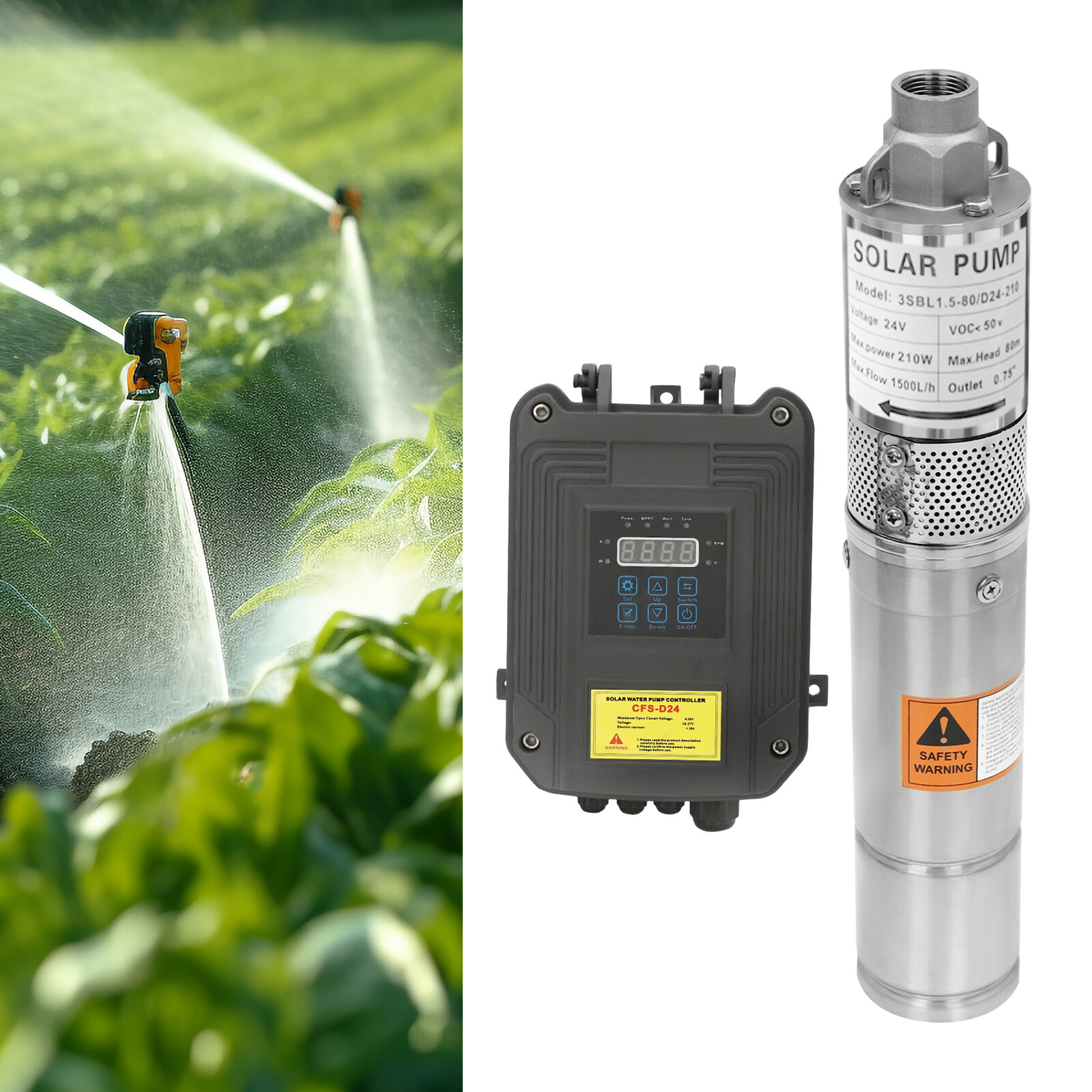 DC Deep Bore Well Solar Water Pump 24V 210W Submersible Pump MPPT Controller Kit