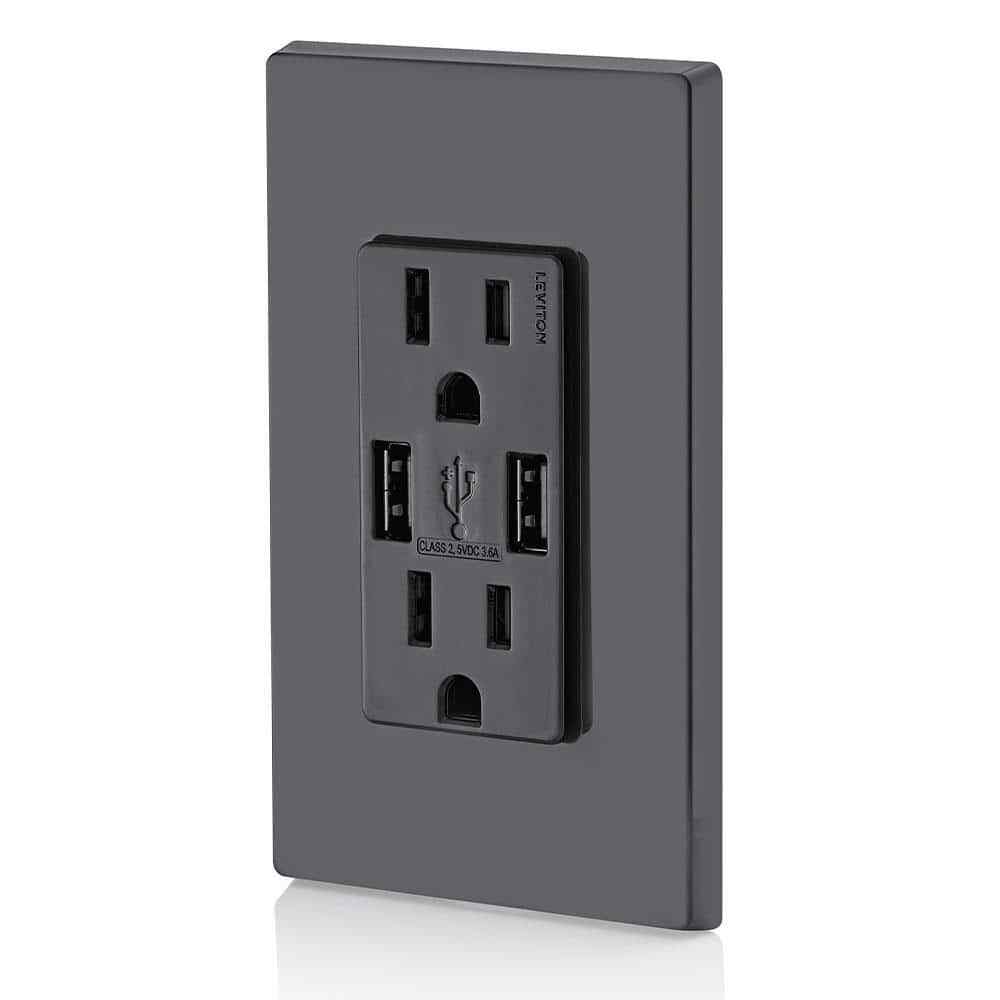 Leviton 3.6A USB Dual Type A Charger 15A Tamper-Resistant Outlets Black T5632-BE