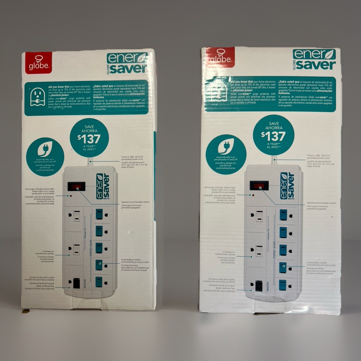 Lot Of 2 Globe Energy Saver 8 Outlet Surge Protector, 4 ft-New – White