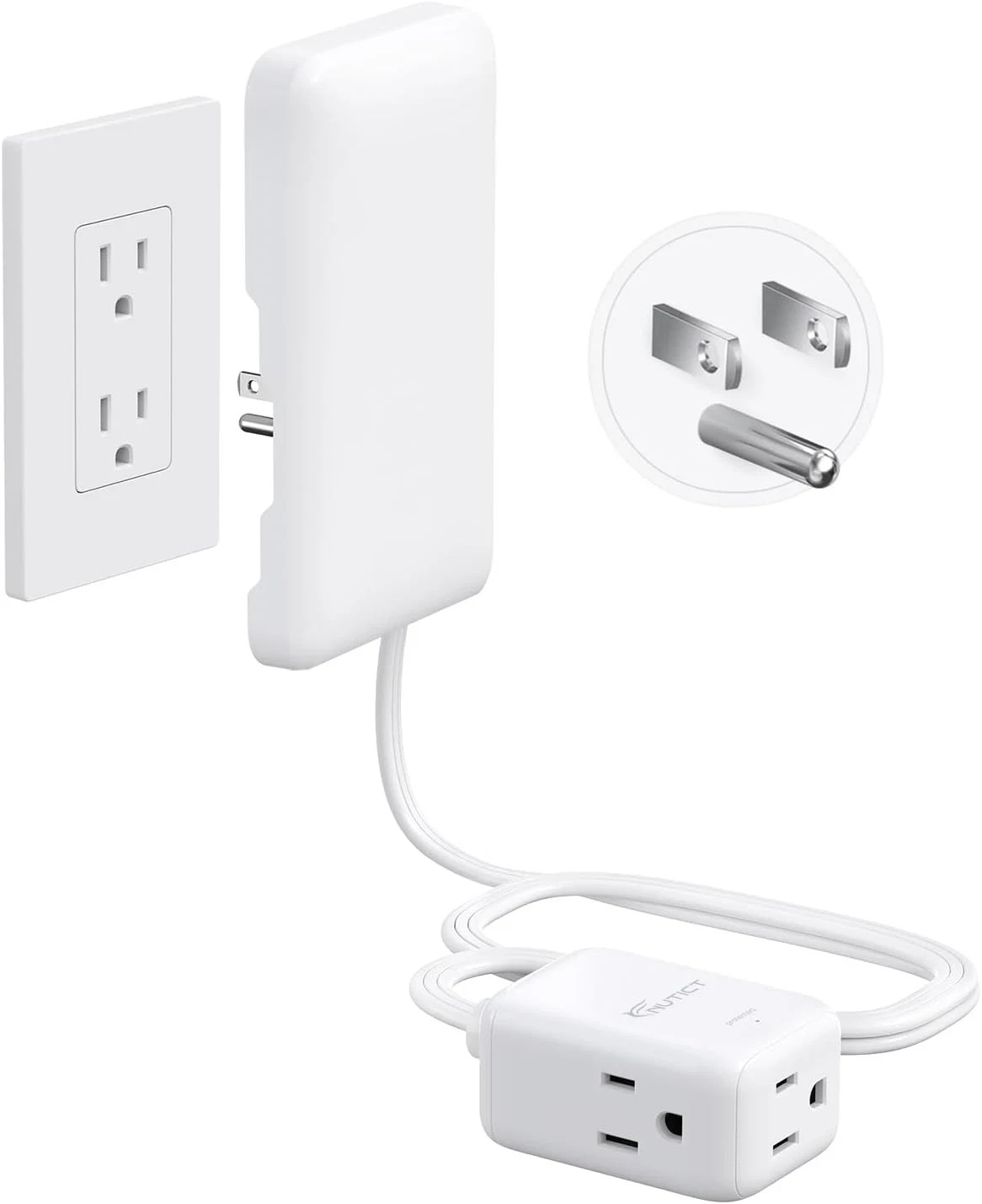 3Ft Flat Extension Cord with 3 Outlets, Flat Wall Plug & Flush Outlet Cover, 900