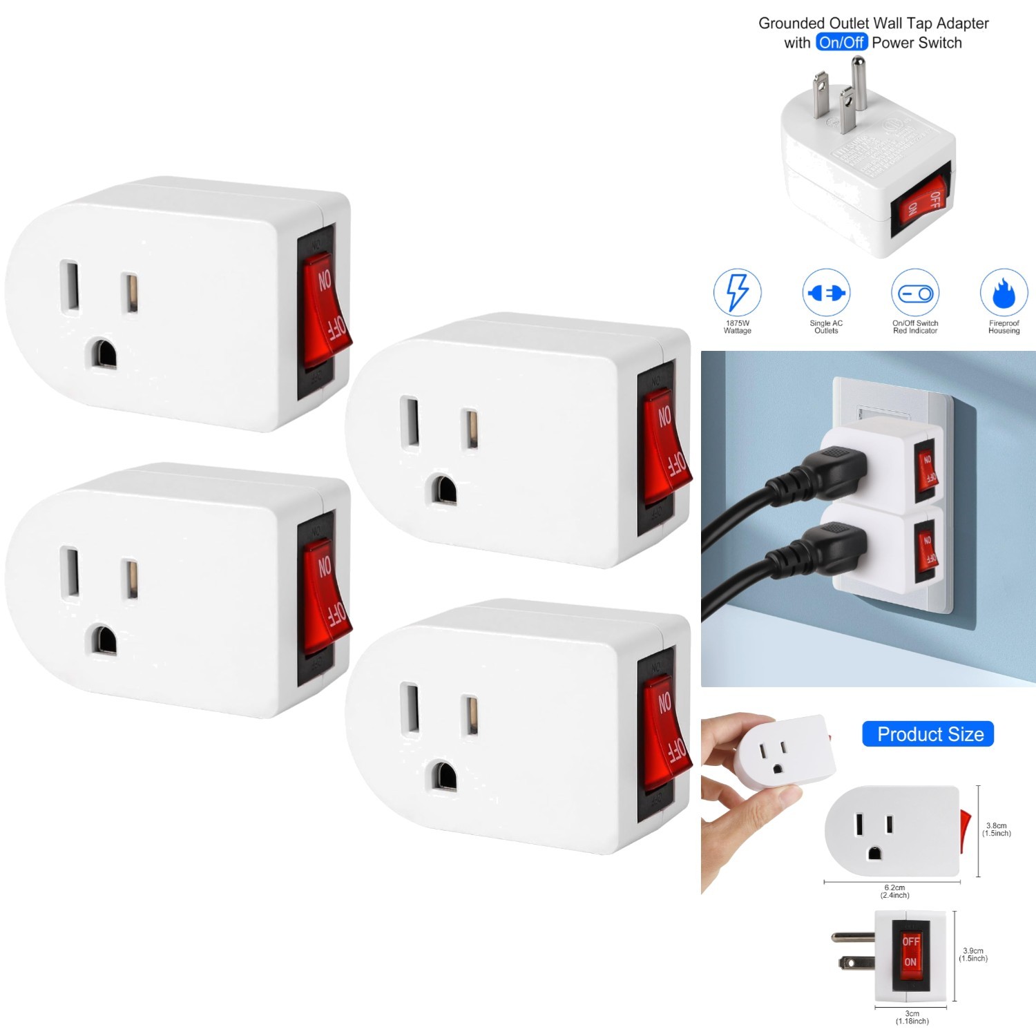 Space-Saving White Grounded Outlet Switch 2-Pack – Efficient Power Management