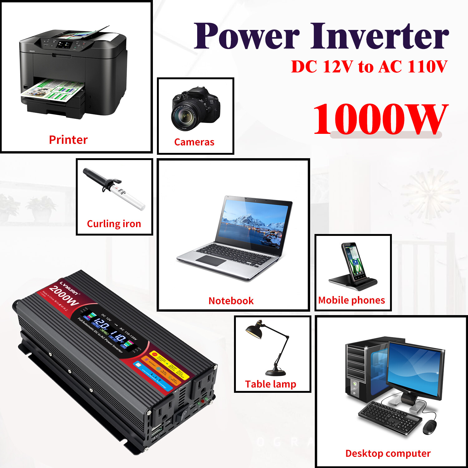 1000W 2000W Power Inverter 12V to 120V LCD 2AC 2USB Car 150W-Adapter Converter