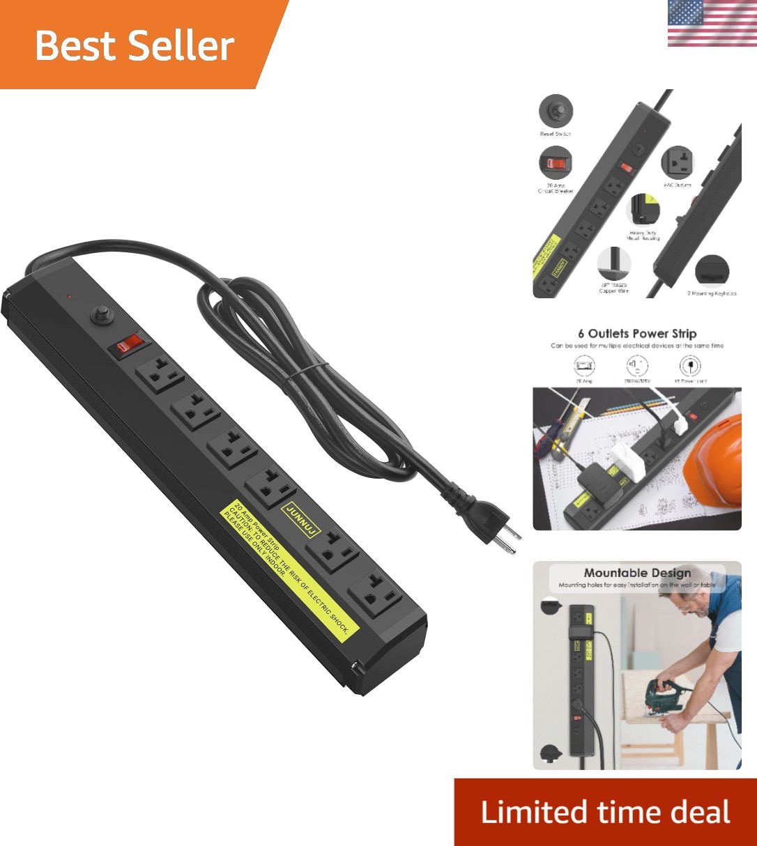 Heavy Duty 20 Amp Power Strip with Surge Protection – 6 Outlets & 6ft Cord