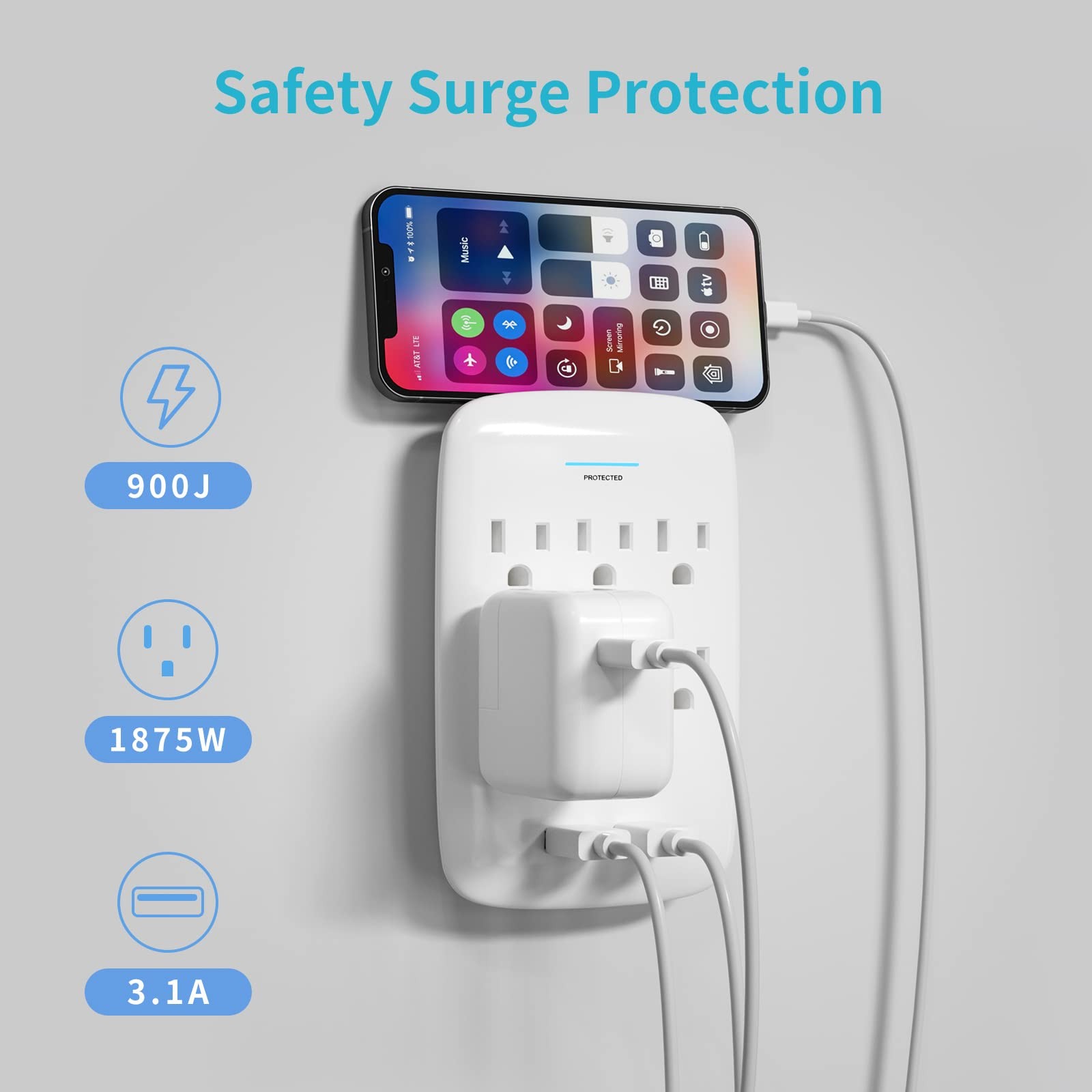 6 Outlet Surge Protector,900 Joules Wall Adapter Tap with 2 USB Charger, Dual…
