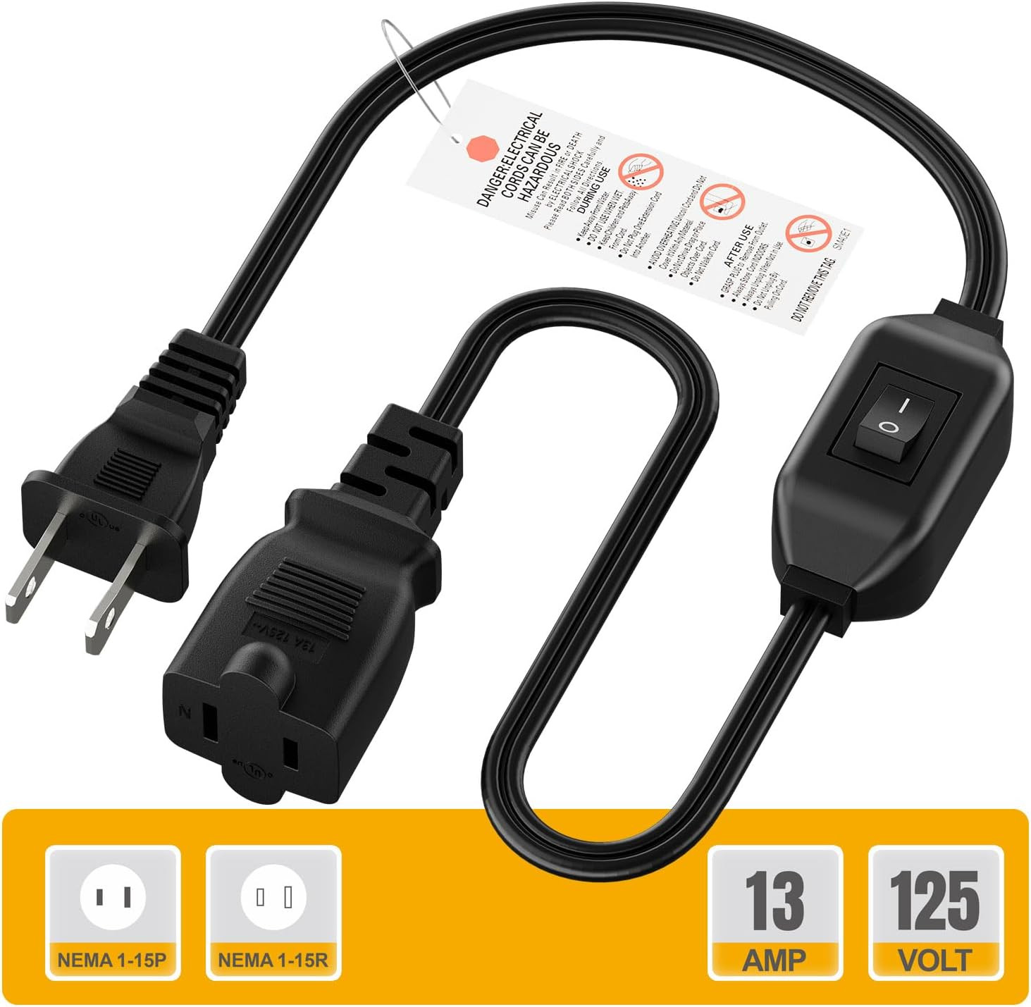 On off Switch Extension Cord [2-Feet], 2-Prong Polarized Extension Cord with Swi