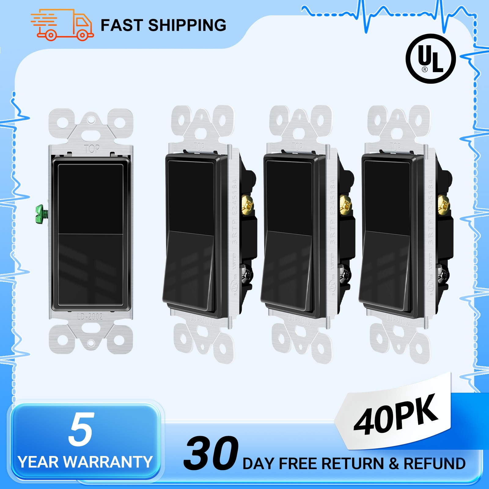 15A 120/277V Black Single Pole Rocker Light Switch UL/CUL Listed Home Use 40PK