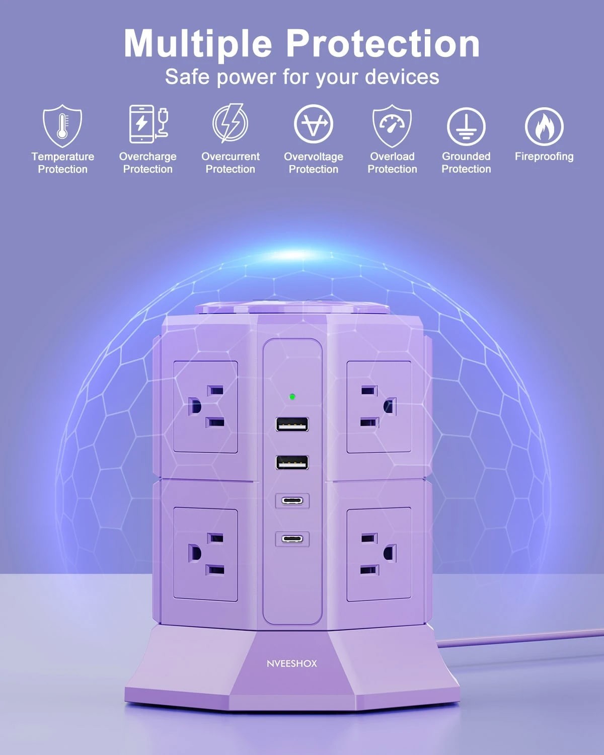 12 in 1 Tower Power Strip 8 Outlets 4 USB 1080J 6.5ft