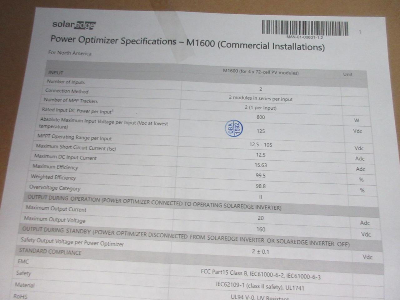 SOLAREDGE POWER OPTIMIZER FOR GROUND MOUNT INSTALLATION M1600-1NMMRTTY 1600W