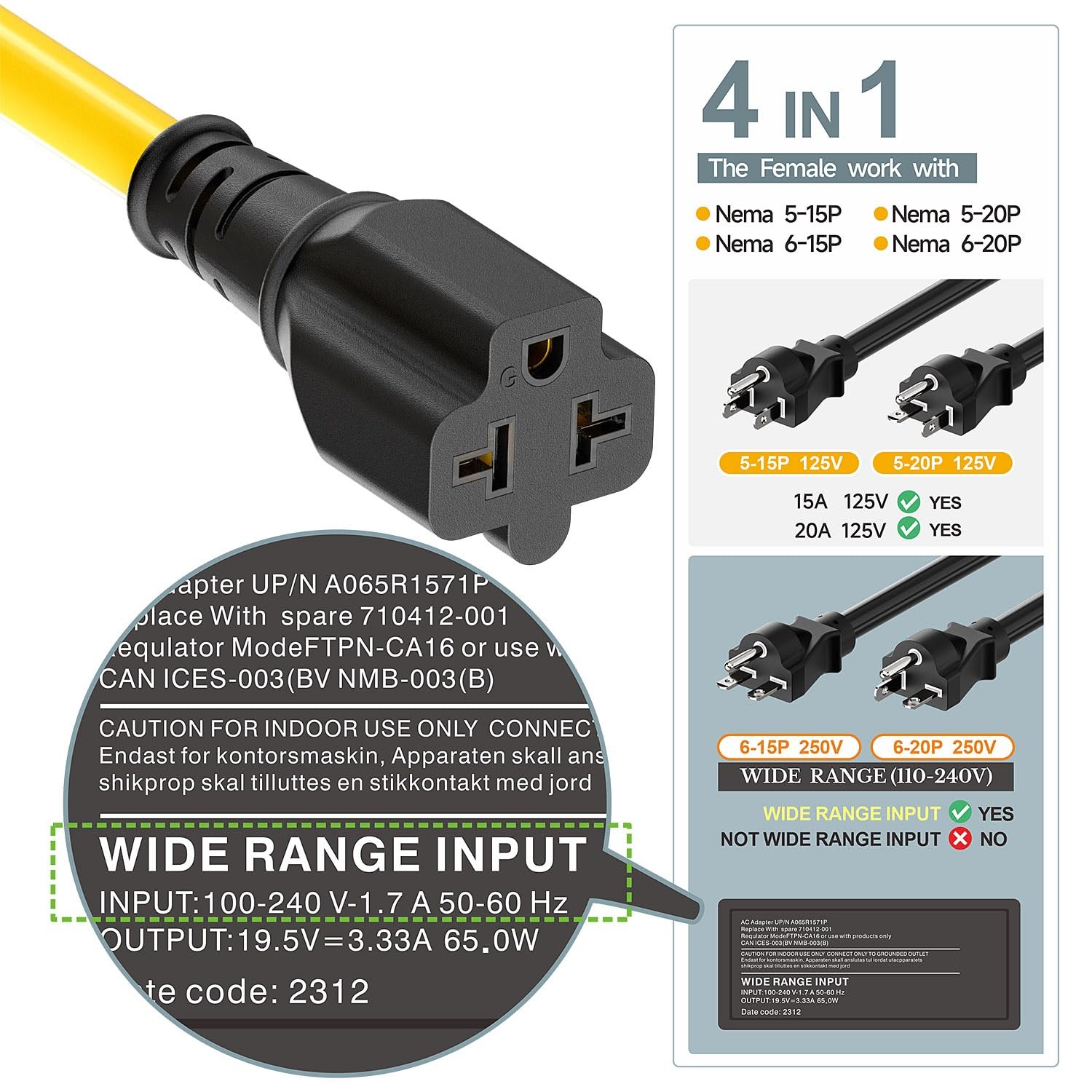 Plugrand NEMA 5-15P To 5-15R/ 5-20R/ 6-15R/ 6-20R AC Adapter, 10FT PC-0050-10FT