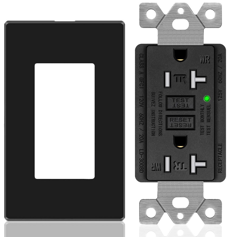 20 Amp GFCI Outlet Ground Fault Receptacle TR WR with Decorator Wall Plate Black