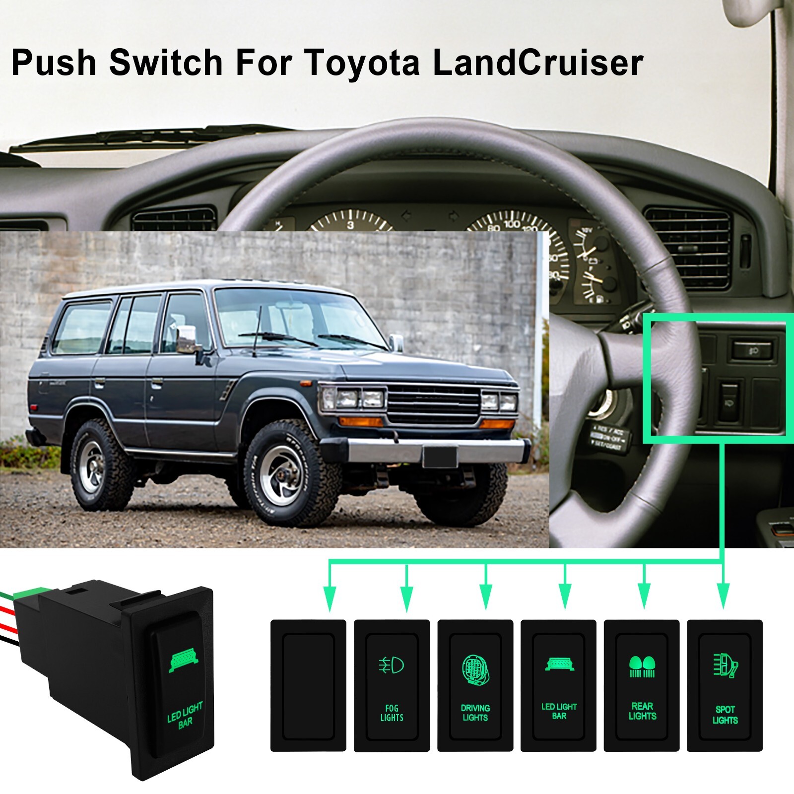 Push Button Switch Green Led 12V ON For Toyota Prado 95 LandCruiser 80 79 Series