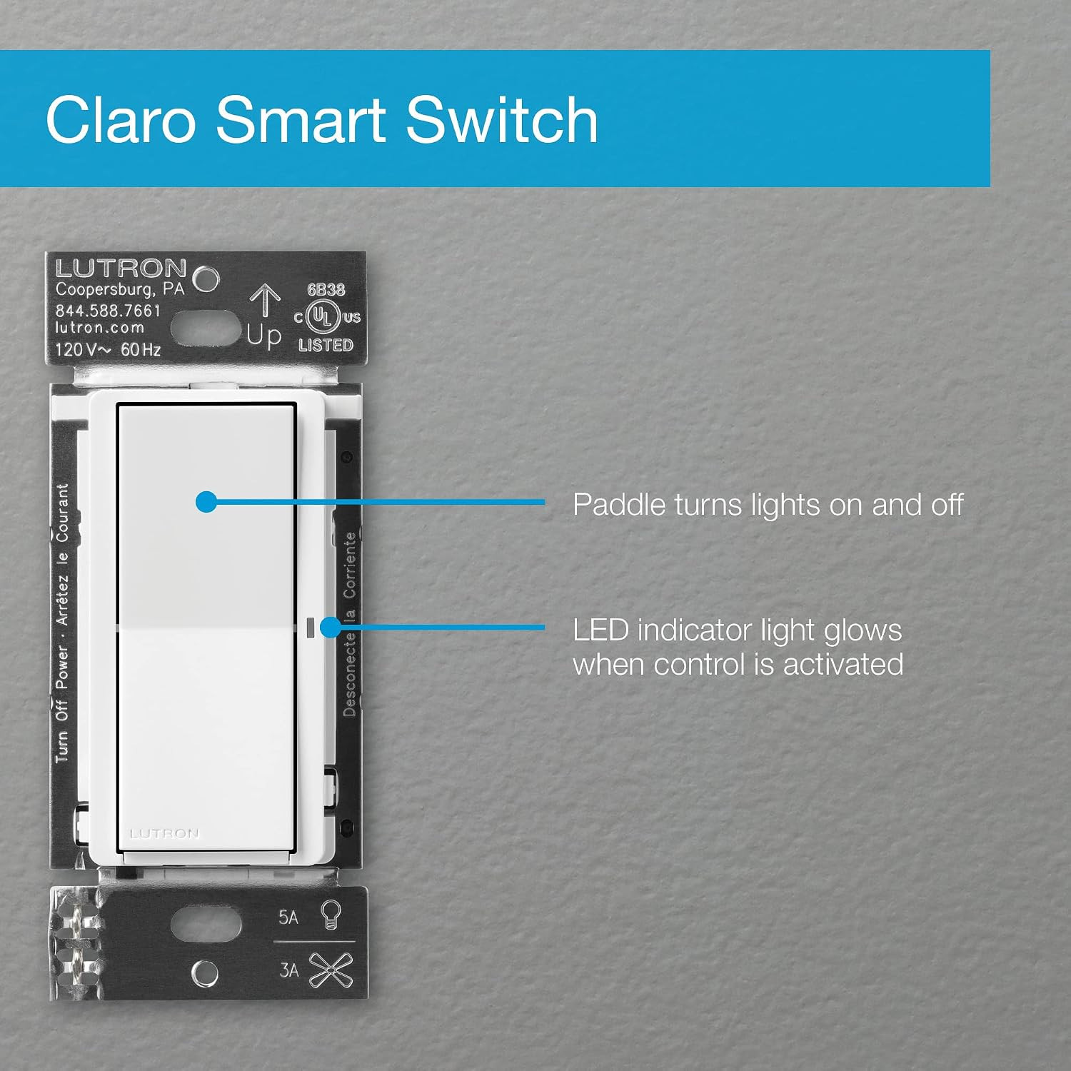 Lutron Claro Smart Light Switch for Caseta Lighting, for LED Lights, Fans, 5 Amp