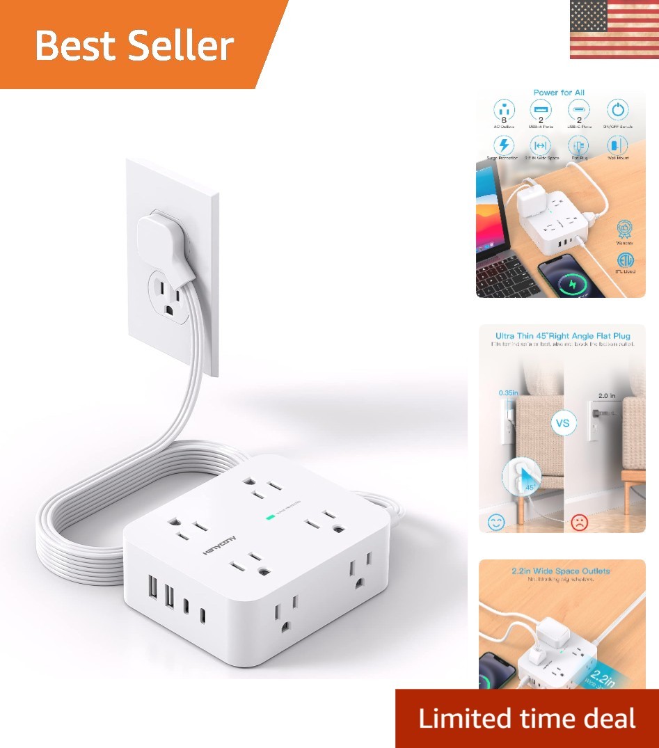 Ultra Thin 5ft Power Strip with 8 Outlets & 4 USB Ports – Safe for All Devices