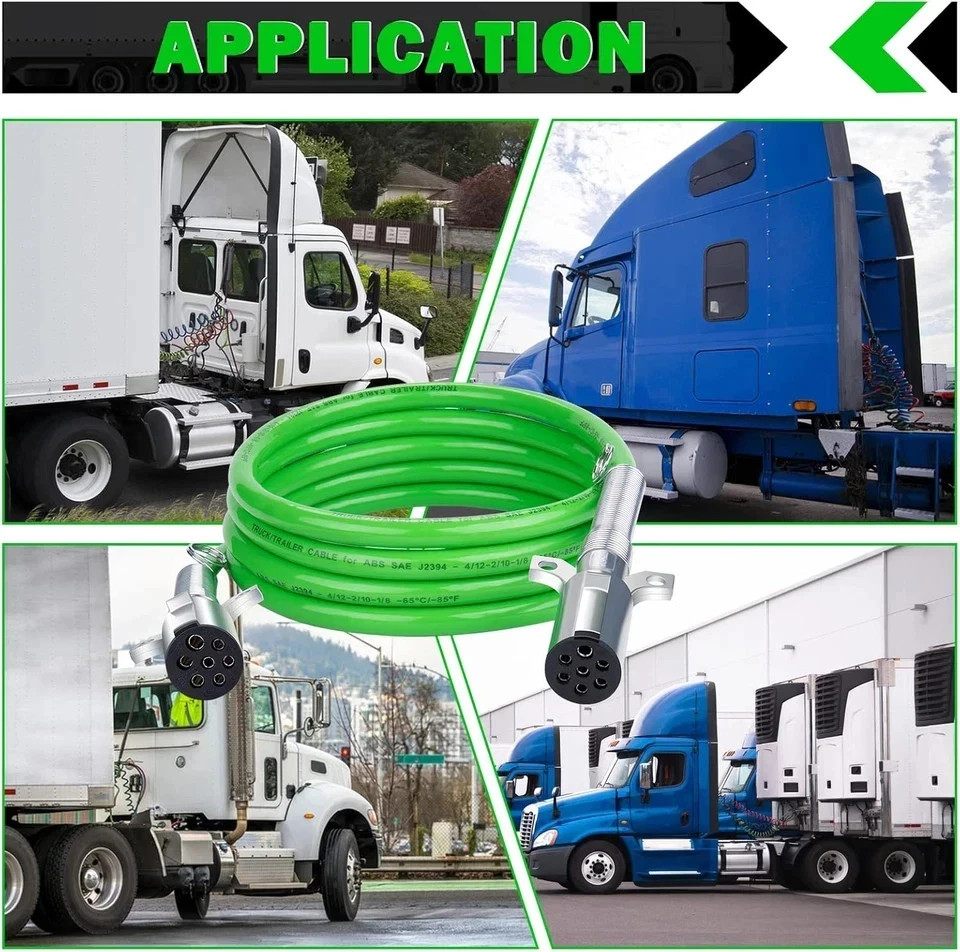 7 Way Trailer Cord 12 FT ABS Electrical Power Cord Heavy Duty Green Straight Pow