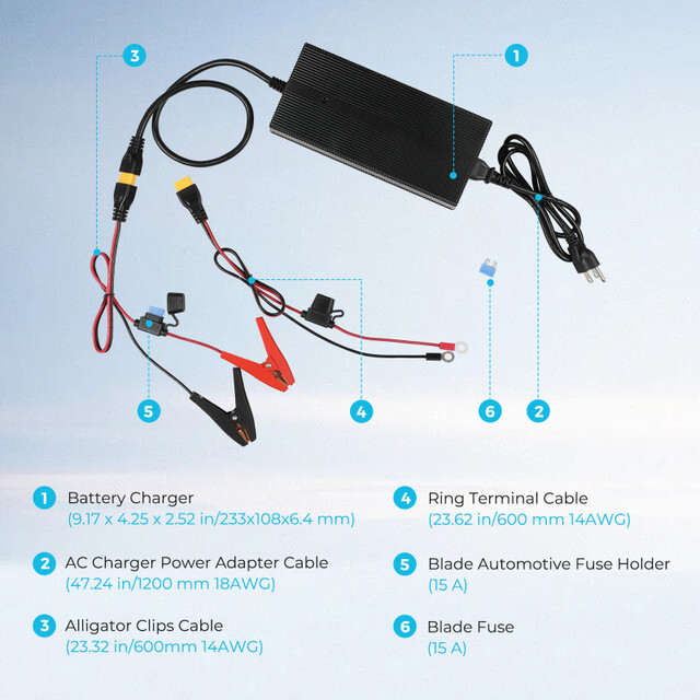 Renogy 24V 10A AC-to-DC LFP Portable Battery Charger for Lithium-Iron Phosphate
