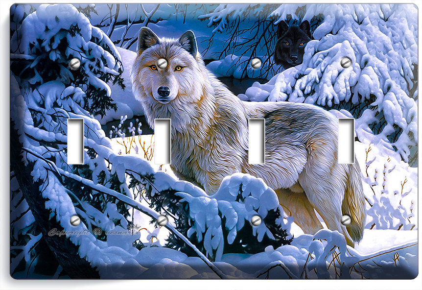 WILD GRAY WOLF WINTER FOREST 4 GANG LIGHT SWITCH WALL PLATE COVER ROOM ART DECOR