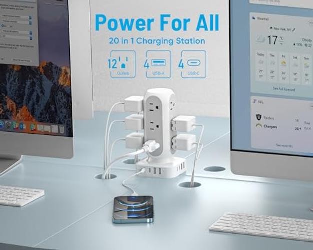 Flat Plug Power Strip Tower, 40W Total Fast Charging 10 FT 40W Total – White
