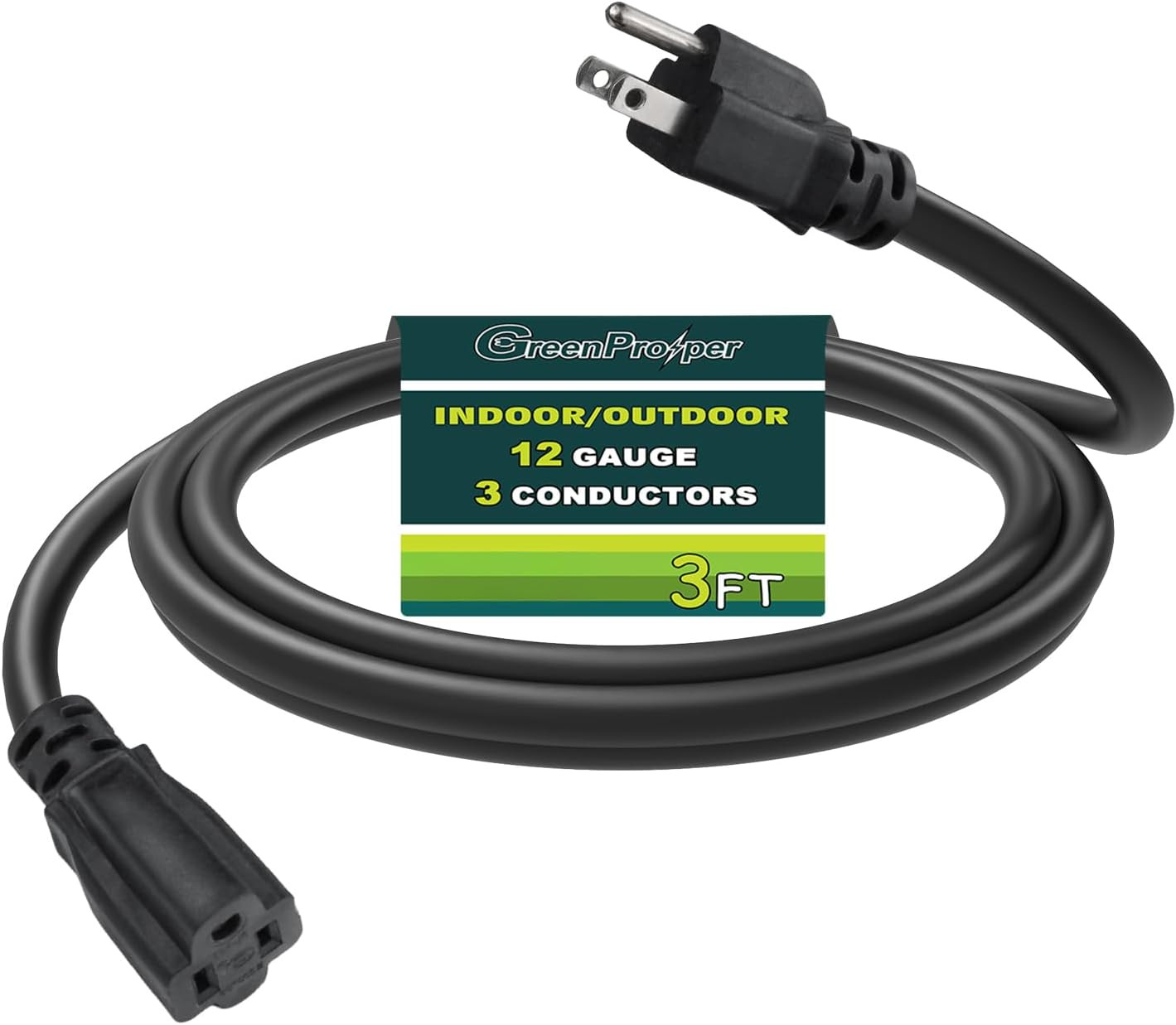 3 FT 12 Gauge Extension Cord Outdoor, Heavy Duty Weatherproof & Flame Retardant