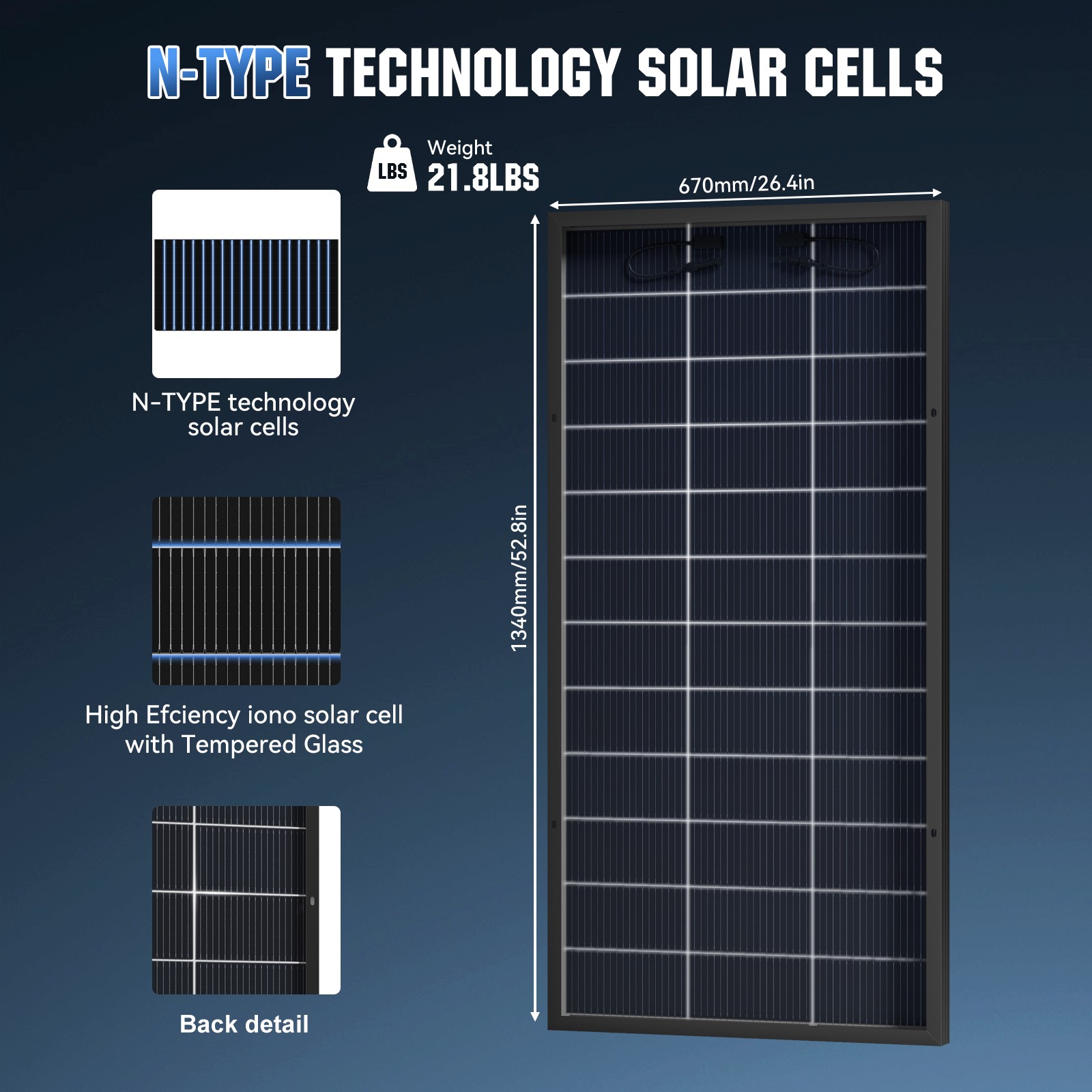4Pack 200W（800W）N-Type 18BB Bifacial Solar Panel Mono Cell Off Grid Roof RV Boat