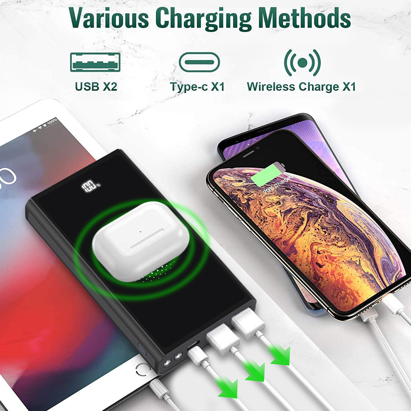 Fast 22W USB-C Portable Charger 10000mAh PD&QC3.0 Power Bank for iPhone,iPad,ect