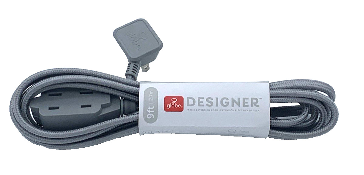 Globe “9 Foot” Fabric Indoor Extension Cord Grey 16/2 Gauge 3 Outlets 125V New