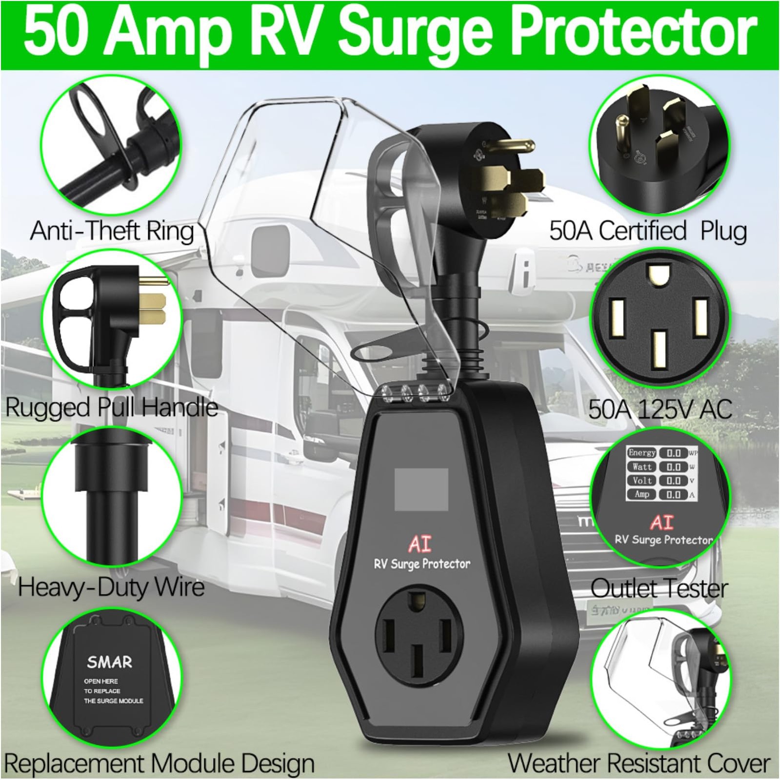 RV Surge Protector 50 Amp for Outdoor Travel Trailers, Camper, Motorhome, Par…