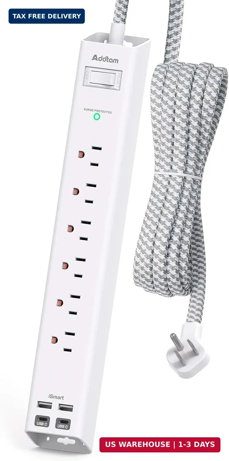Power Strip Surge Protector with USB C – Flat Plug Extension Cord with 6 AC Outl