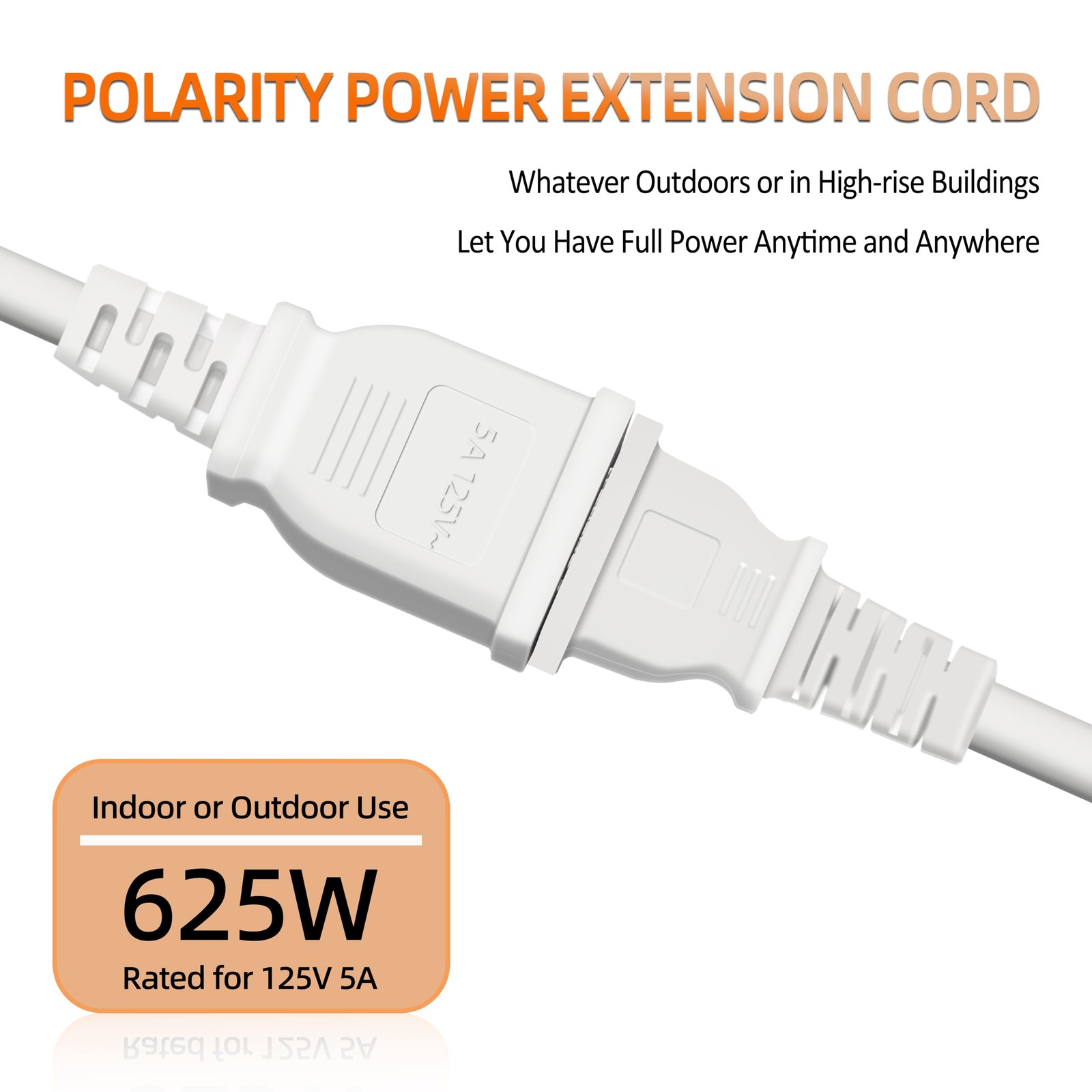 10 Foot Flat Extension Cord, White, 2 Prong 5a 625w | Light Duty Polarized, Thin