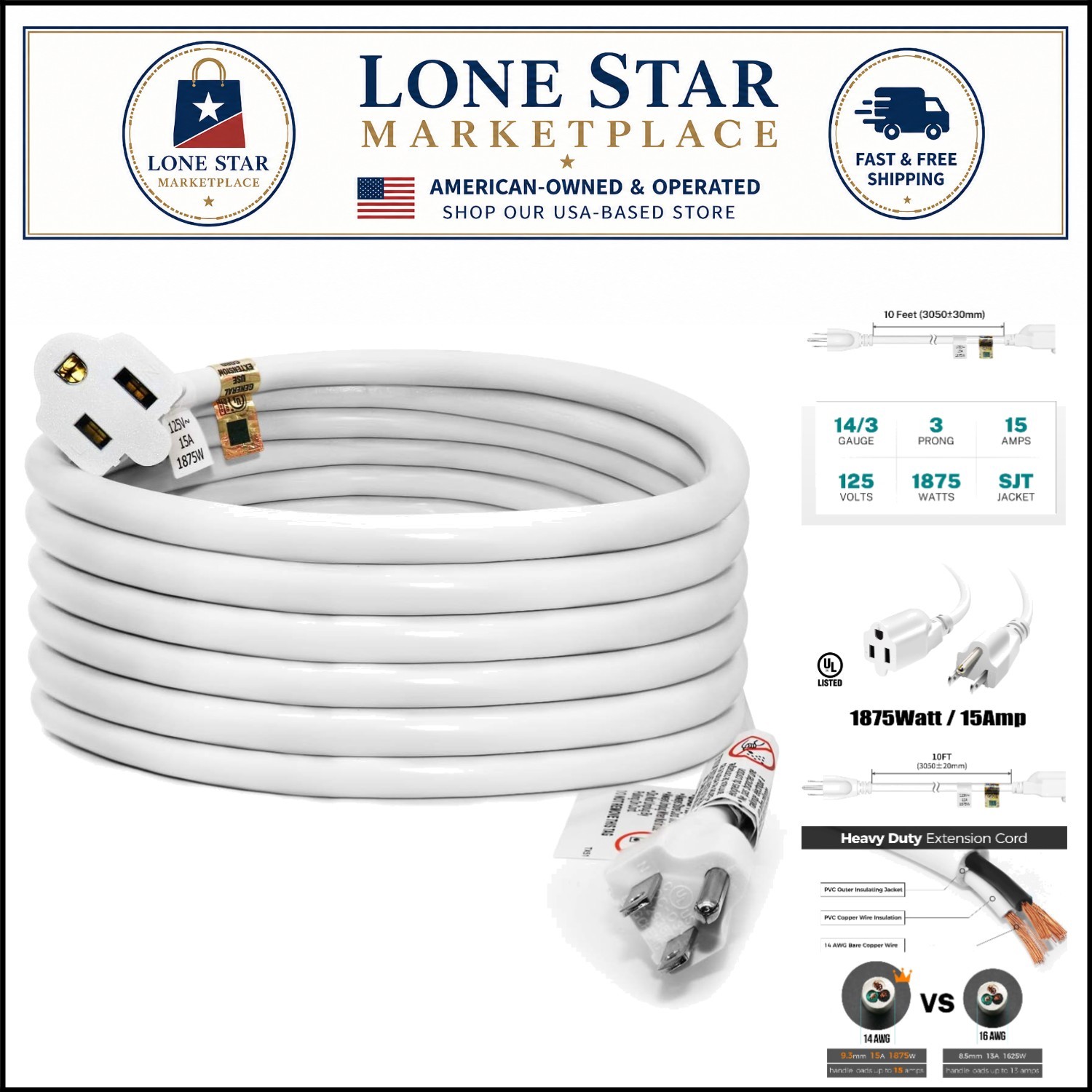 14 AWG 10 Ft Extension Cord – Safe 3 Prong Power Solution, 1875 Watts, White