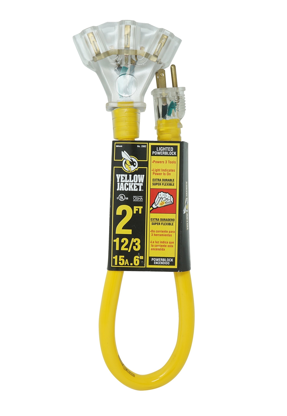 Yellow Jacket 2882 Heavy Duty 2ft Power Cord 3 Way Plug Lighted End 15 Amp