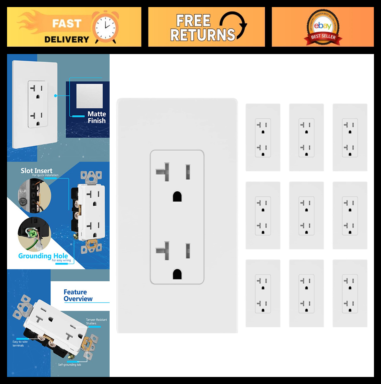 Matte Finish Child Safe Tamper-Resistant Wall Outlet, 20A 125V, Screwless Plate