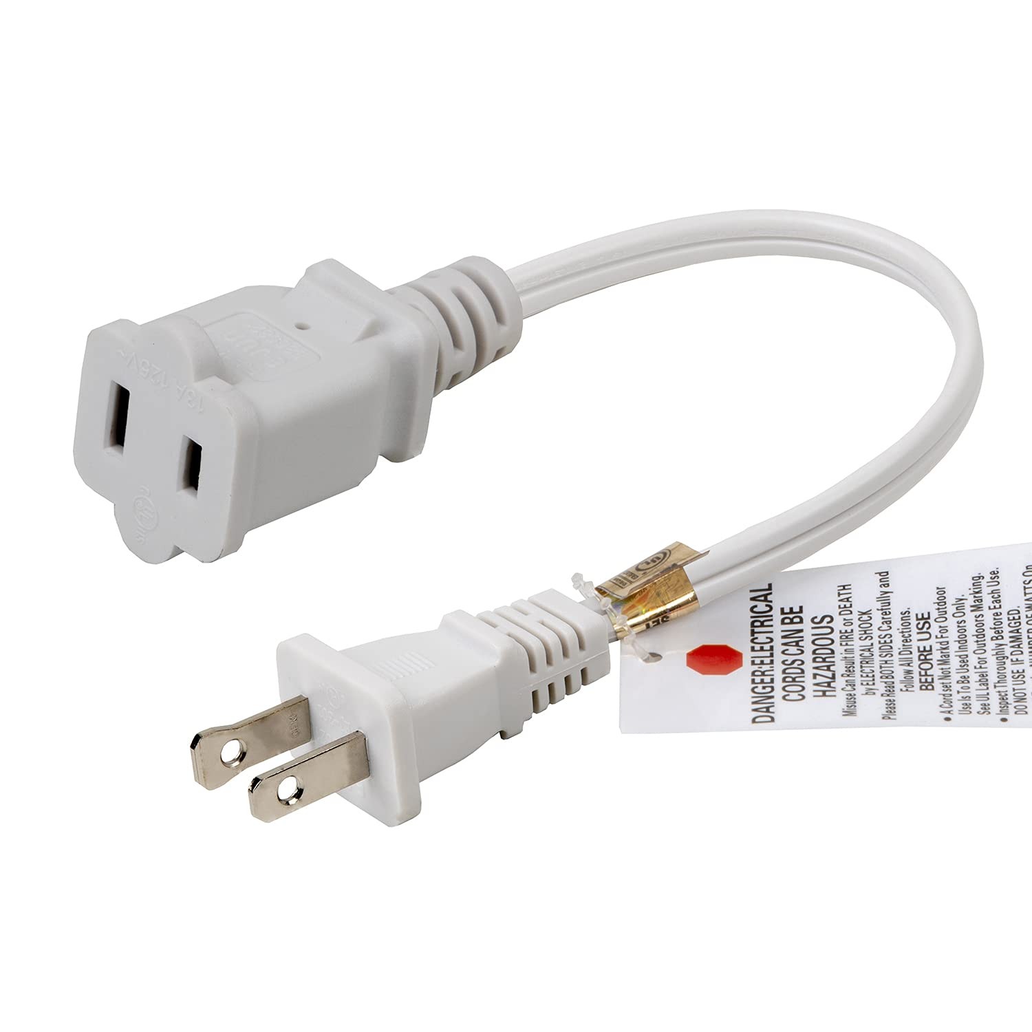 White Short 1Foot 1FT Polarized US 2Prong MaleFemale Extension Power Cord Cab…