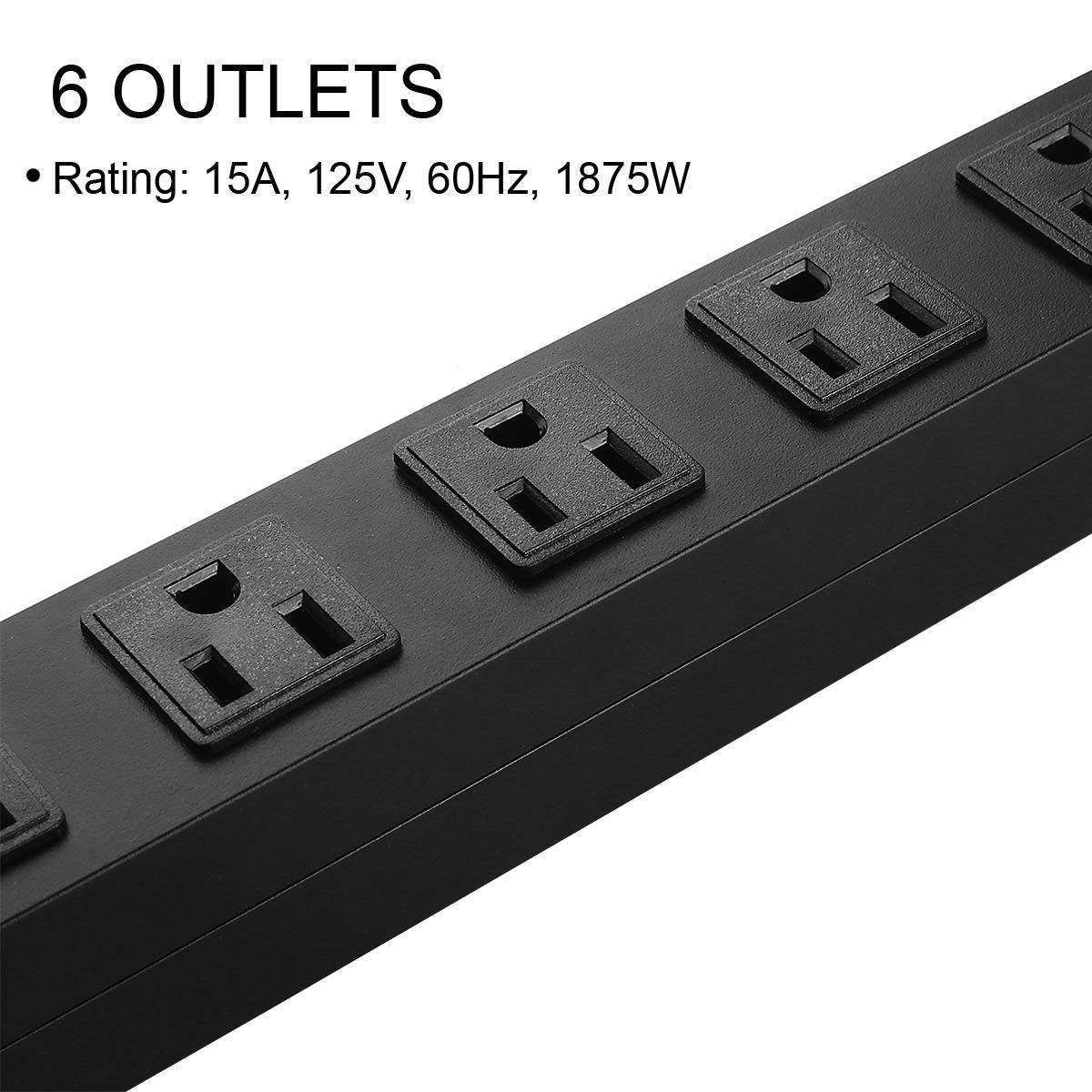 Metal Wall Mount Power Strip 6 Outlet Aluminum Alloy 6FT Cord 15A 125V Black
