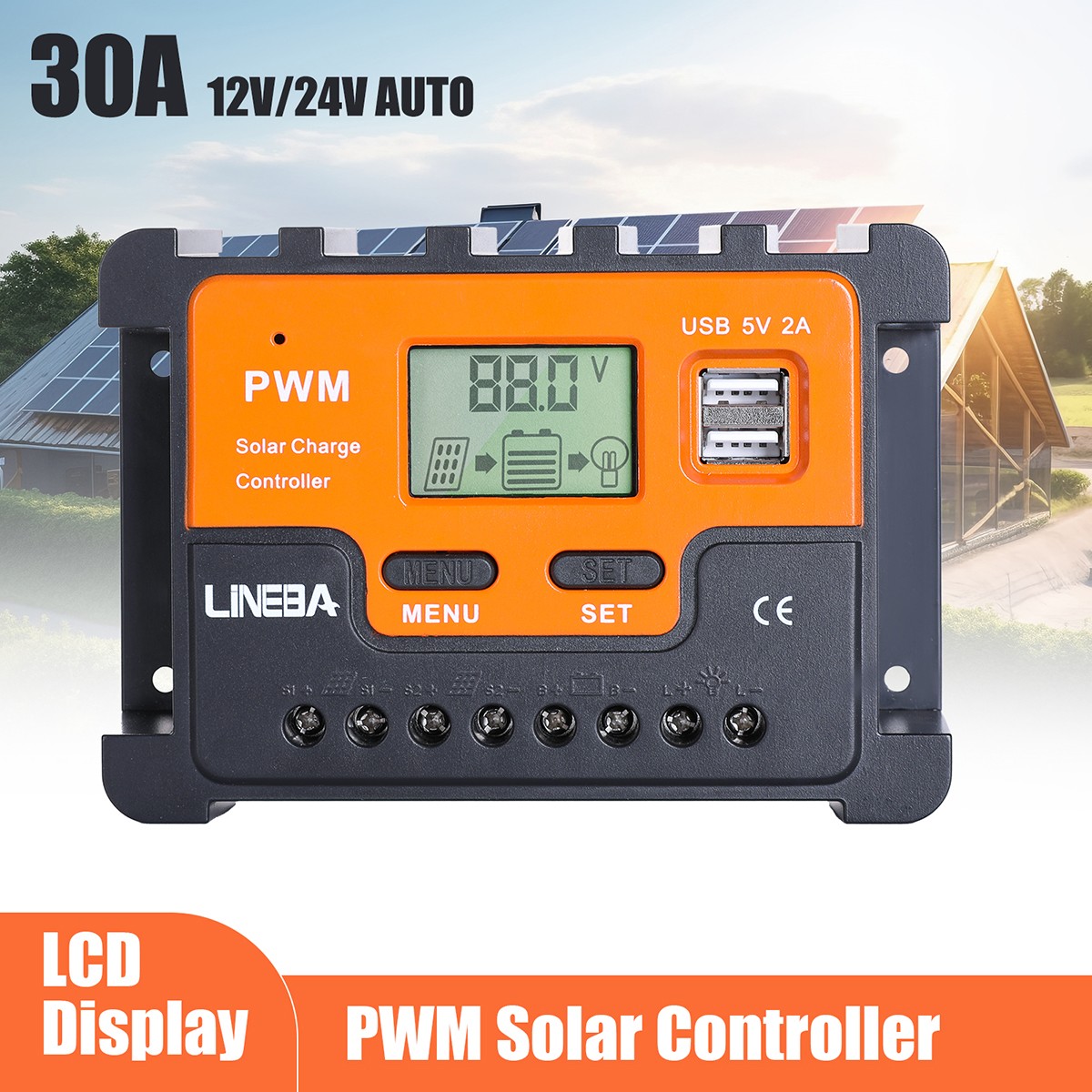 30A PWM Solar Charge Controller, 12V/24V Solar Panel Regulator for AGM Lithium