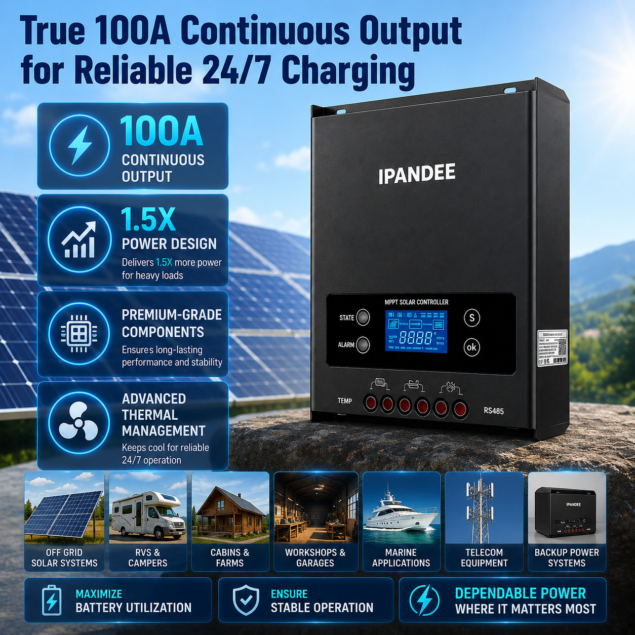 5200W 250VDC MPPT 100A Solar Charge Controller Battery PV Regulator 12/24/36/48V