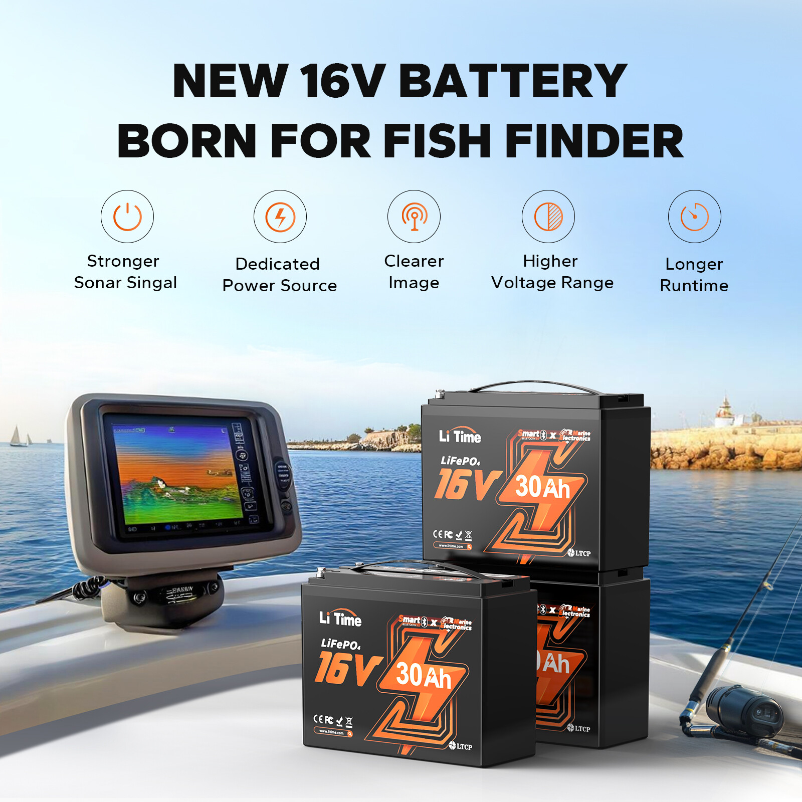 LiTime 16V 30Ah Professional Fish Finder Lithium Battery Deep Cycle w/ Bluetooth