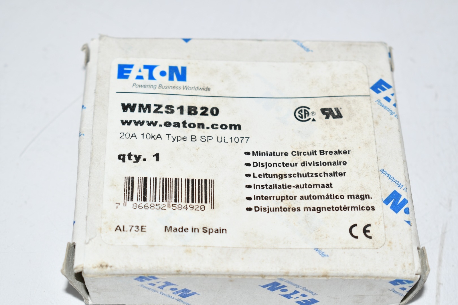 NEW Eaton Cutler Hammer WMZS1B20 CIRCUIT BREAKER, UL1077 MCB 20A B CURVE 1 POLE