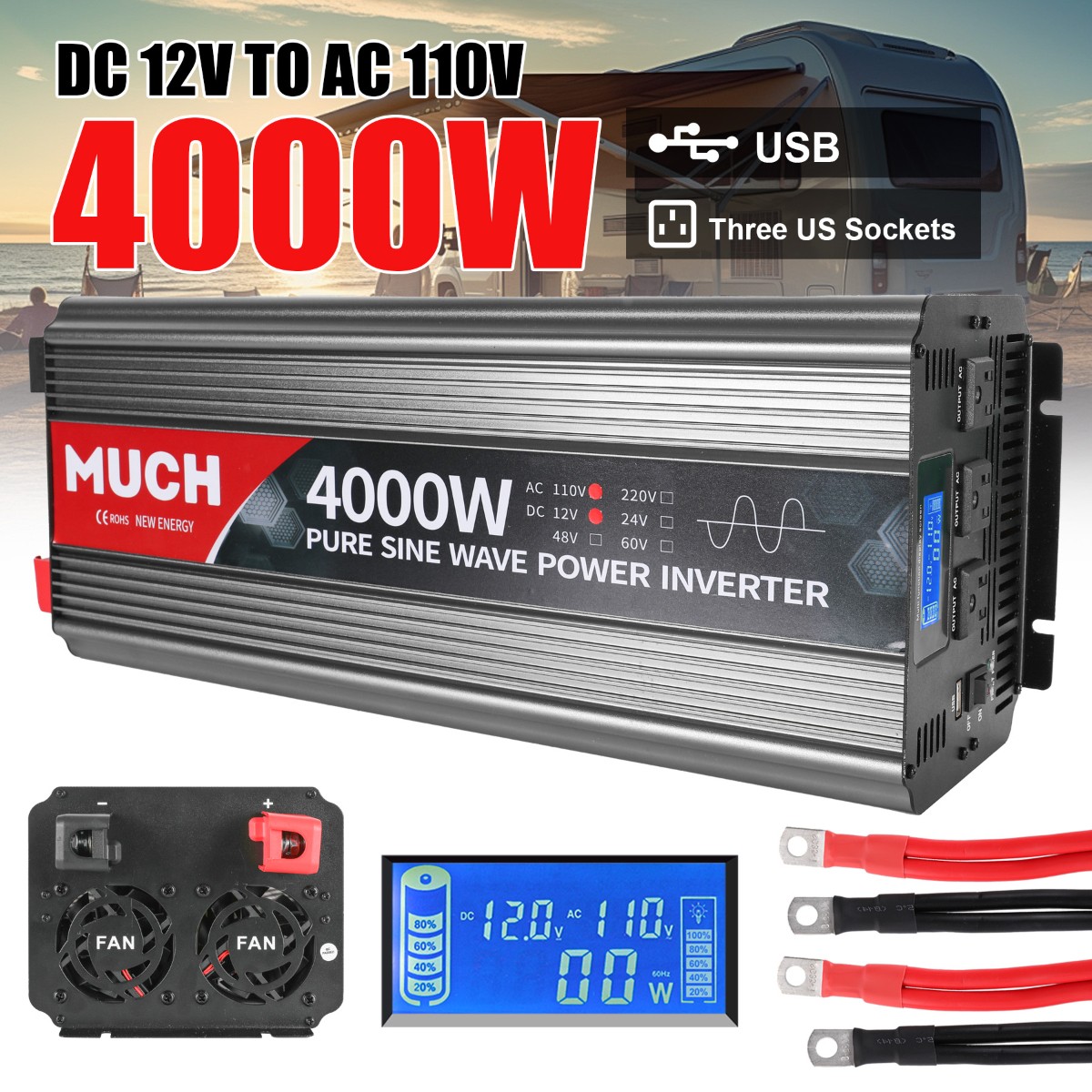 4000W Pure Sine Wave Power Inverter w/ 400W Solar Panel Power Generator Home RV