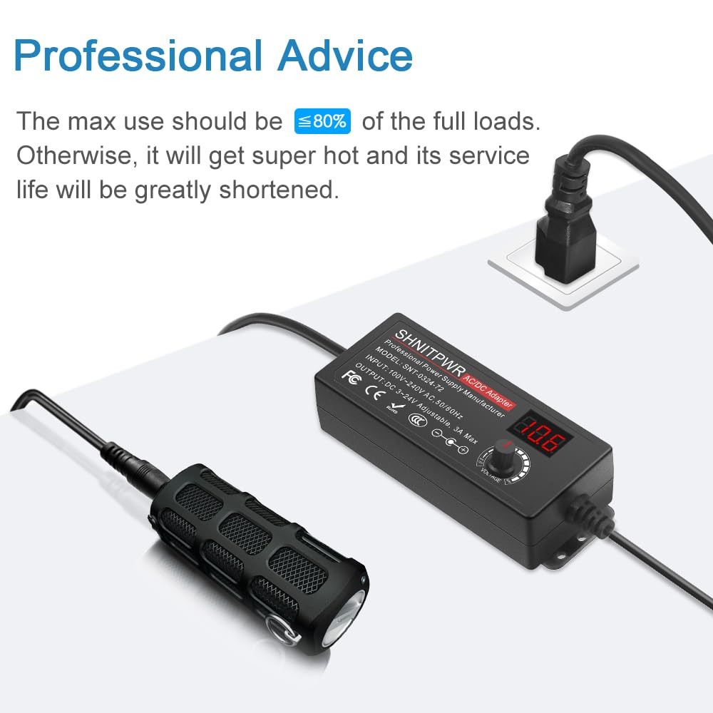 SHNITPWR 3V ~ 24V 3A 72W Power Supply Adjustable DC 5V 6V 9V 72W, Black