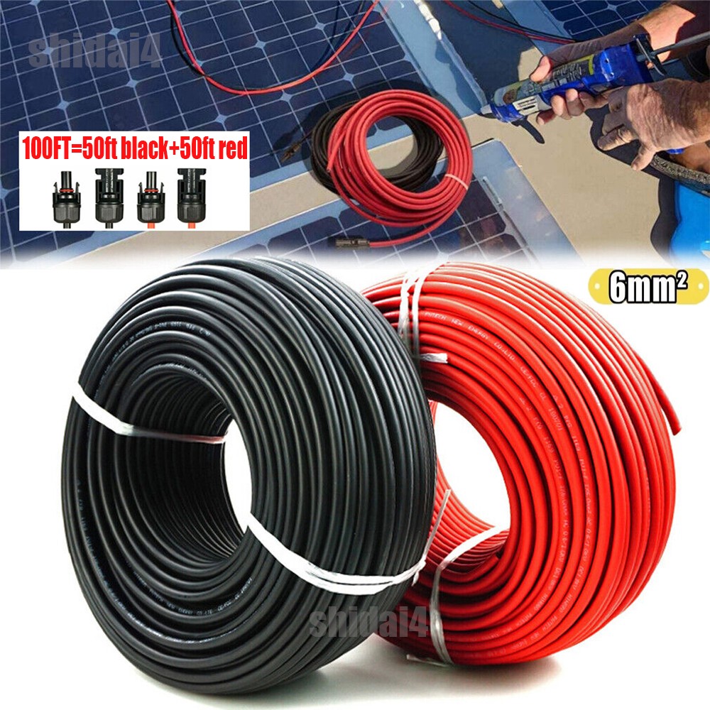 100FT 10 AWG Solar Panel Extension Cable PV Wire Solar Connectors Pair 6mm²