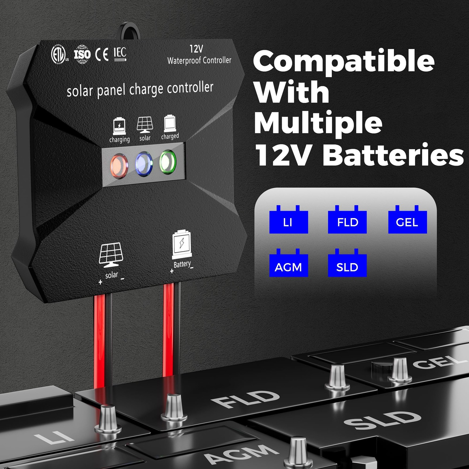 Voltset Solar Charge Controller, 10A 12V Waterproof Solar Intelligent Regulator
