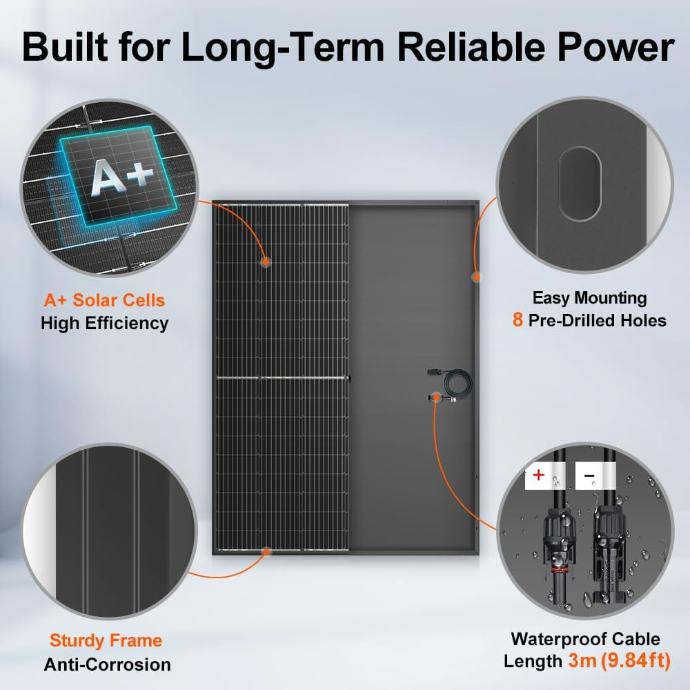 800W Monocrystalline Solar Panel for Off-Grid Power, Pre-Drilled, 3M Cable