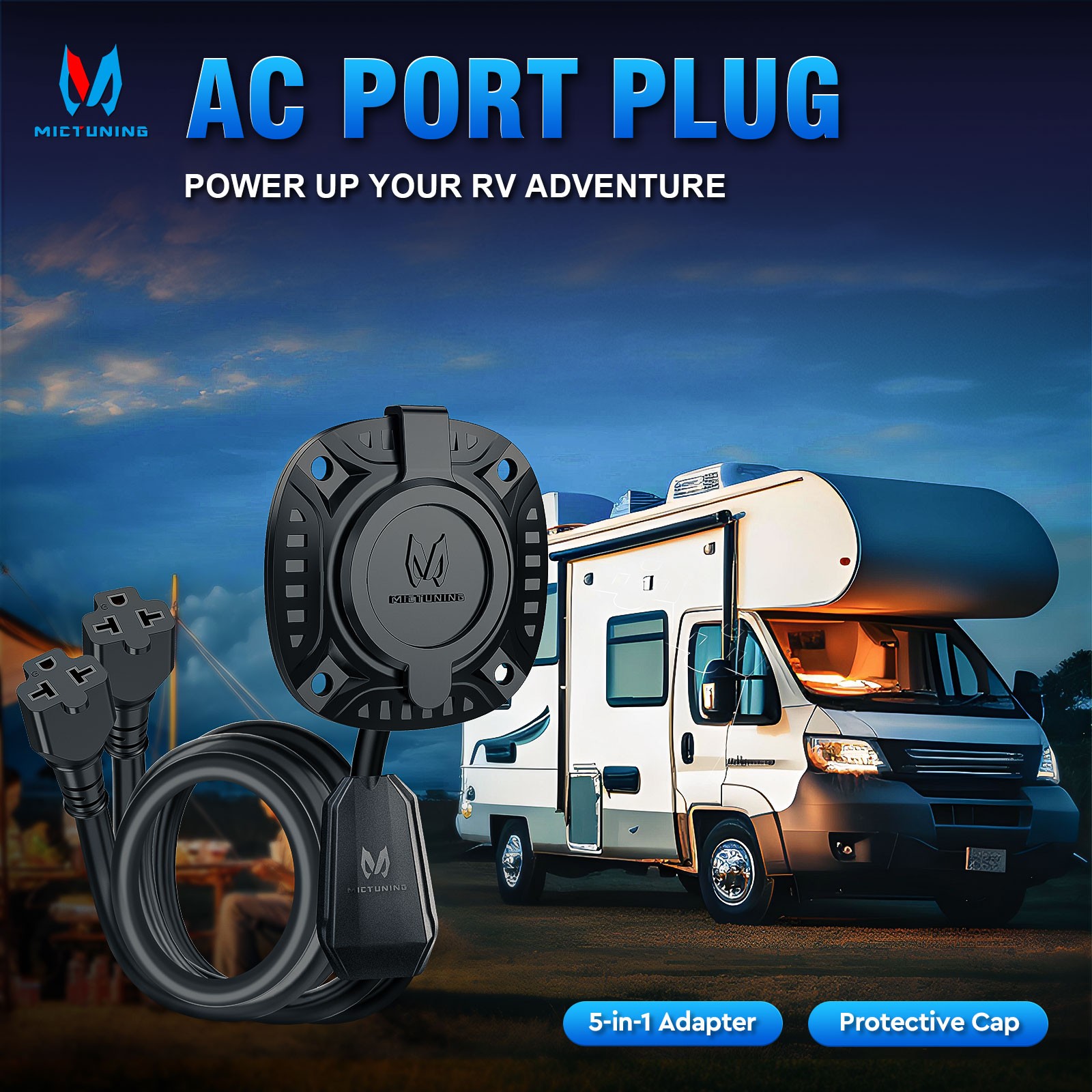 5-in-1 AC Port Plug 20A 125V Dual 20″ Extension Cords, RV Shore Power Inlet T-B