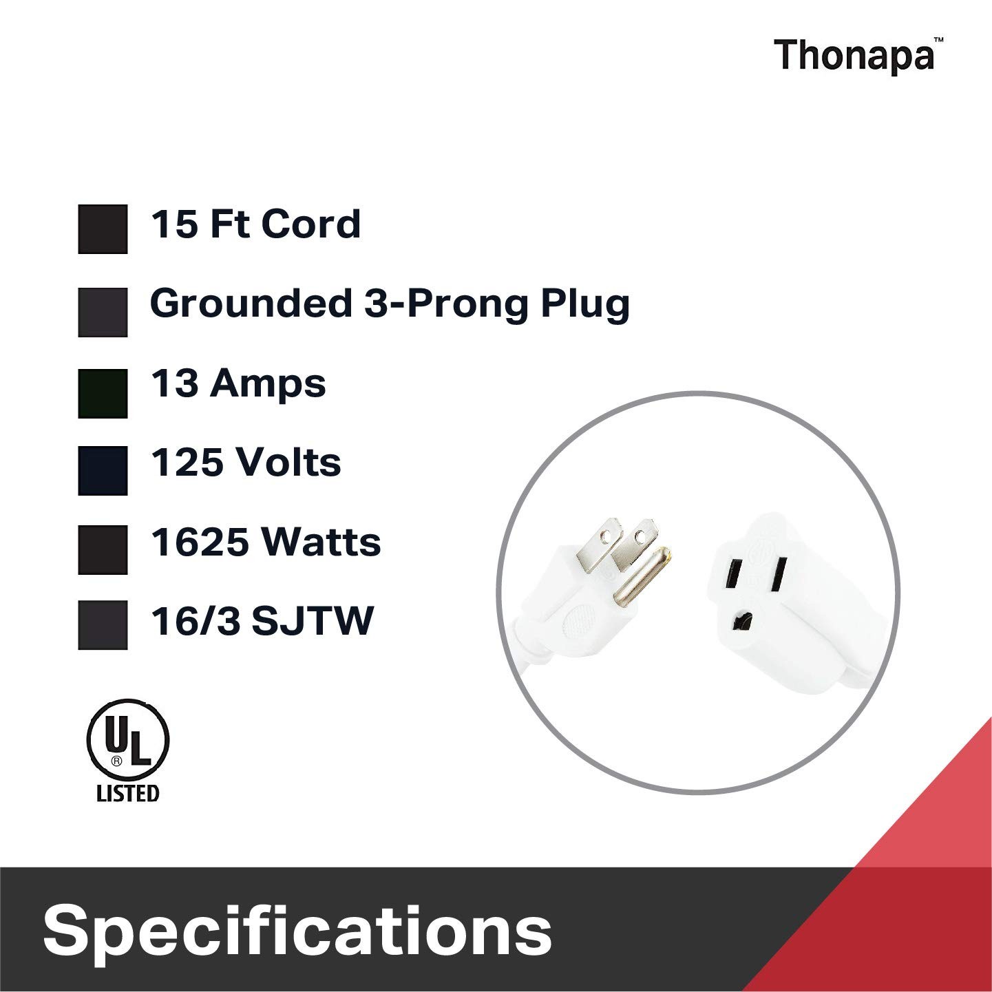 Thonapa 2 Pack White Extension Cord 15 ft, 16/3 SJTW Weatherproof -3 Prong Plug